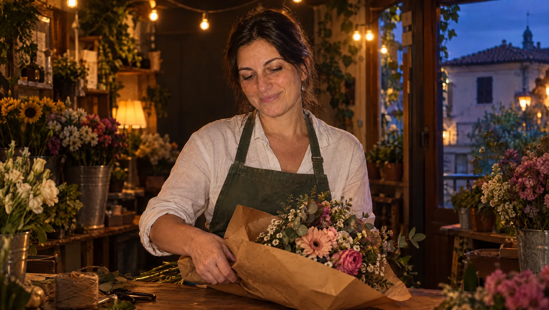 Chiara nel suo negozio di fiori a fine giornata