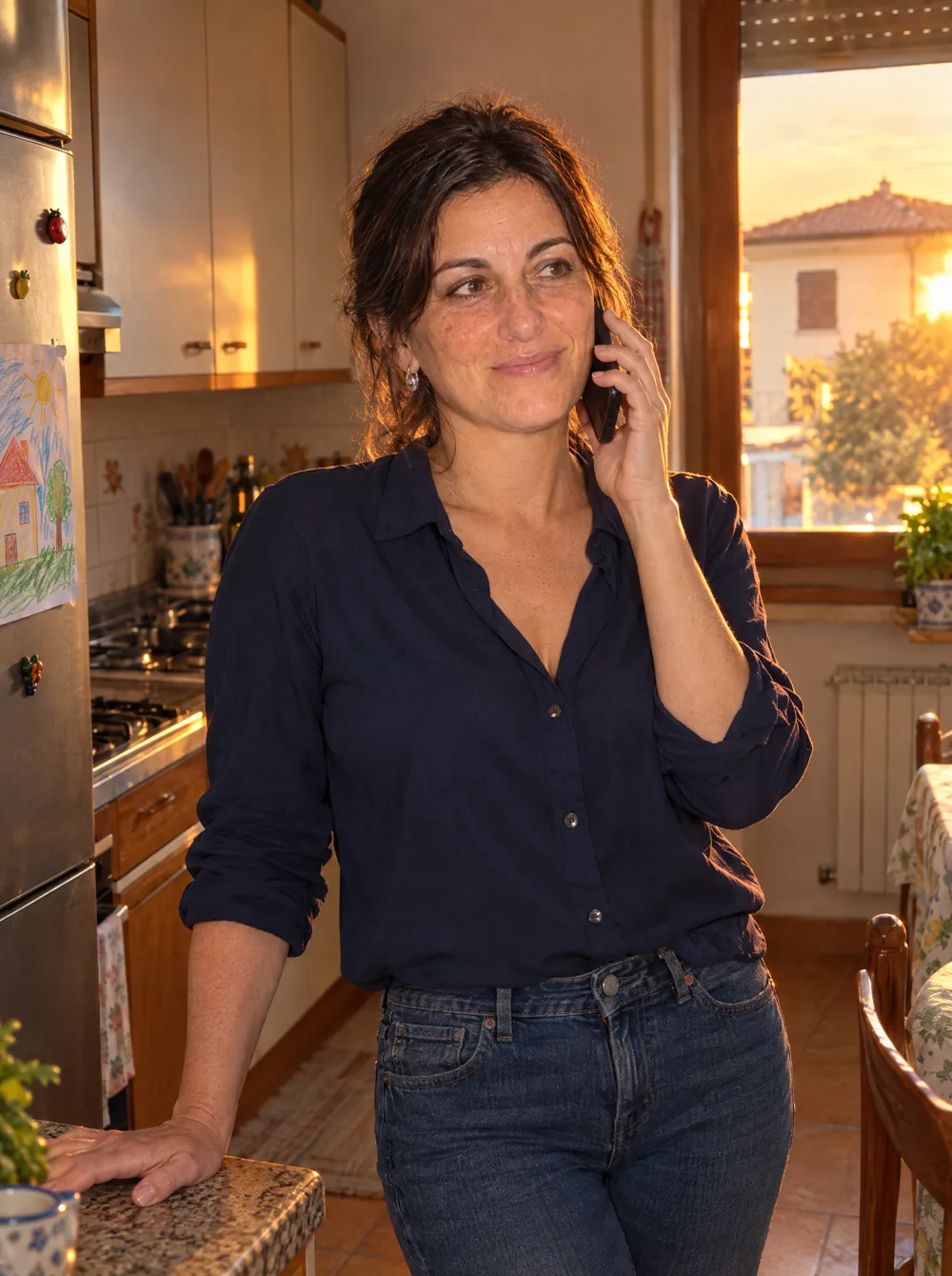 Chiara in cucina al telefono, tranquilla