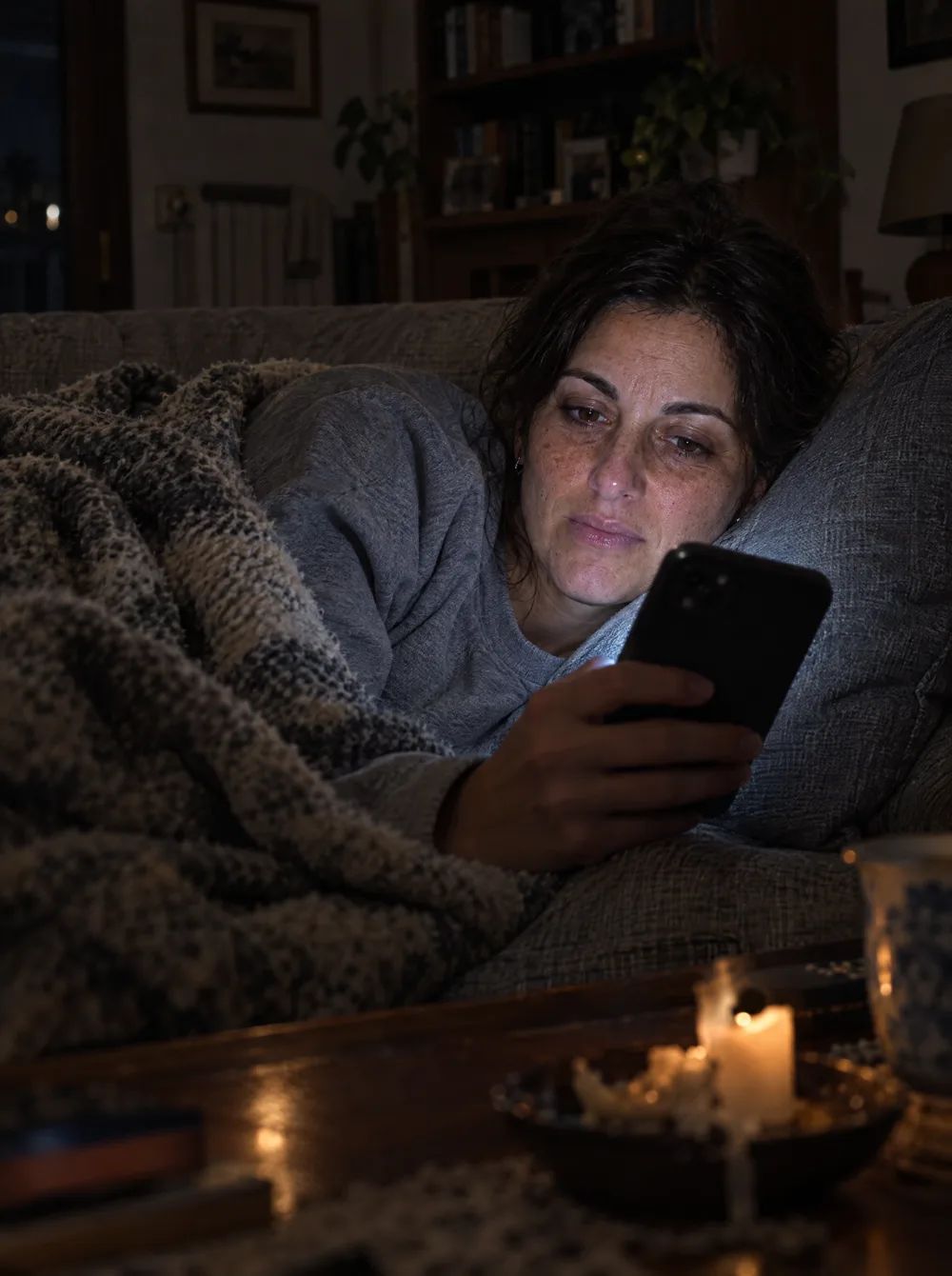 Chiara a mezzanotte sul divano col telefono